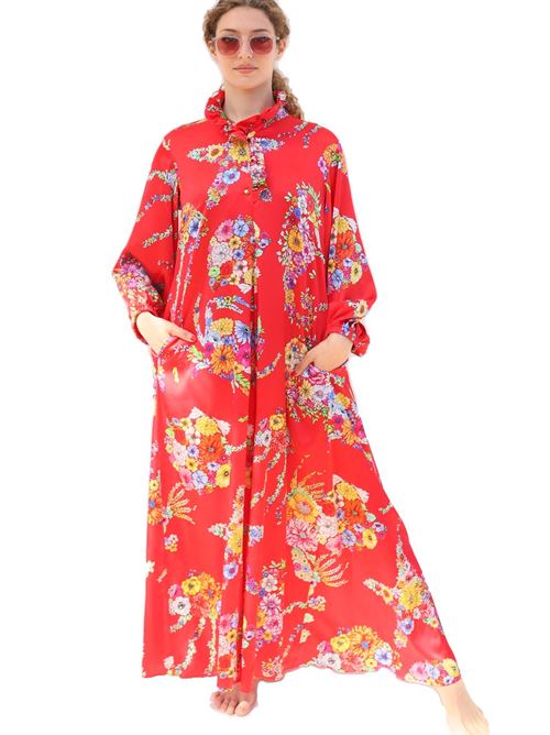 Vestito lungo in seta rossa con fantasia fiori Laboratorio Capri | GIAVAFIORIPESCIROSSO